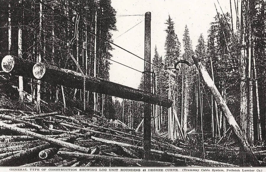 View of the Potlatch Lumber Company tramway cable system. It shows a general type of construction using a log unit, which is rounding a 45 degree curve. Two logs can be seen suspended using cables.
