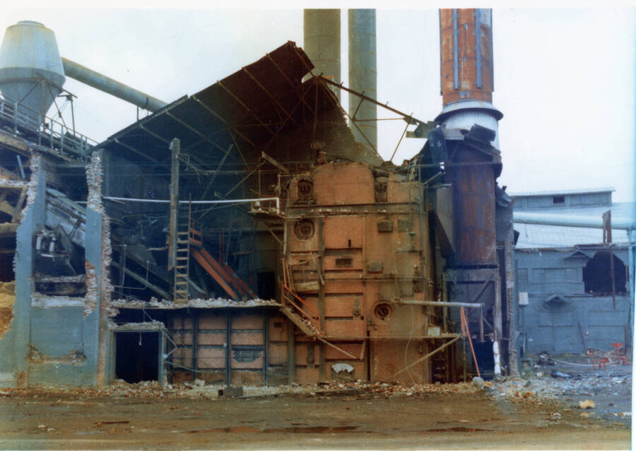 Photograph of the demotiion of the power plant at the Potlatch Mill.