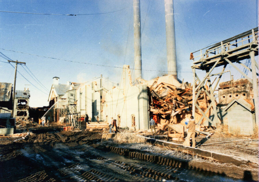 Photograph of demolition of buildings at the Potlatch Mill.