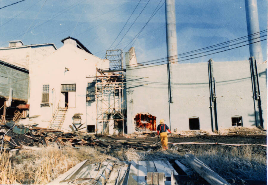 Photograph of demolition of the machine shop at the Potlatch Mill.