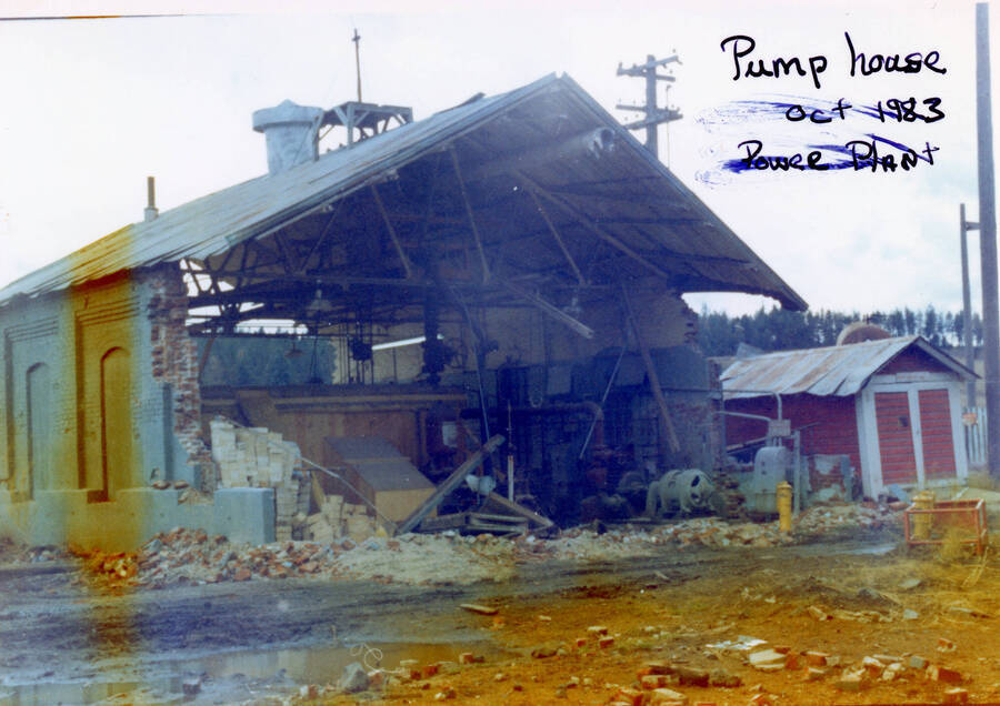 Photograph of the demolition of the pump house at the Potlatch Mill.