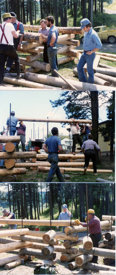 Photograph of log cabin competion at Potlatch Days.