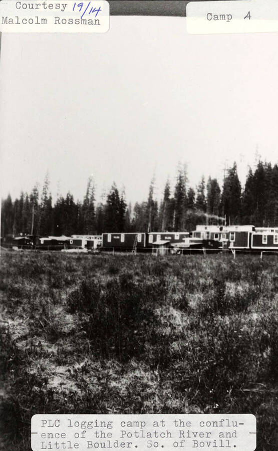 View of the PLC logging camp 4, which is located at the confluence of the Potlatch River and Little Boulder, south of Bovill, Idaho. A few buildings can be seen sitting on the camp.