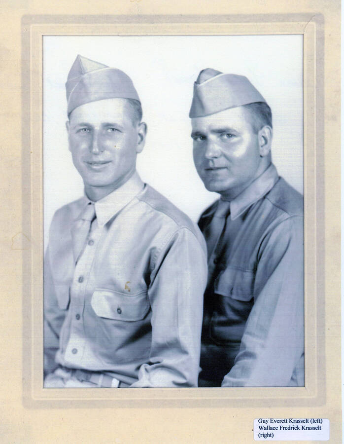 Photograph of Guy Everett Krasselt and Wallace Frederick Krasselt in the Army at Camp Roberts, California.