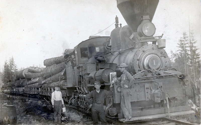 Postcard of Locomotive #1 pulling flatcars with logs.