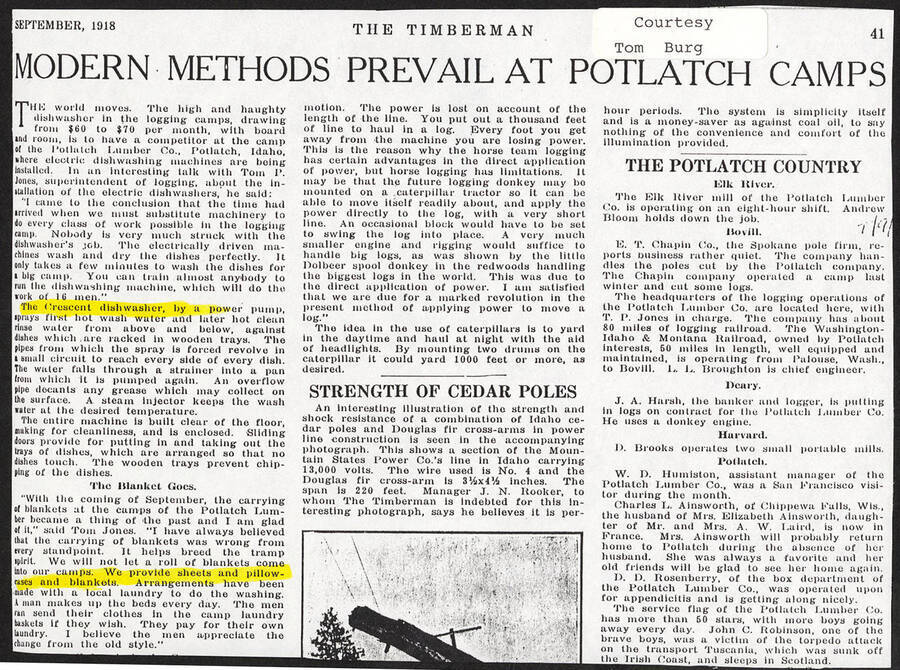 An article in The Timberman about modern innovations that the Potlatch lumber camps were making. It discusses a new electric dishwasher that was being installed and the new blankets and sheets that are being provided.