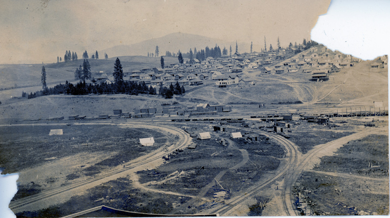 Photograph of homes at the Potlatch Townsite with dirt roads in foreground.