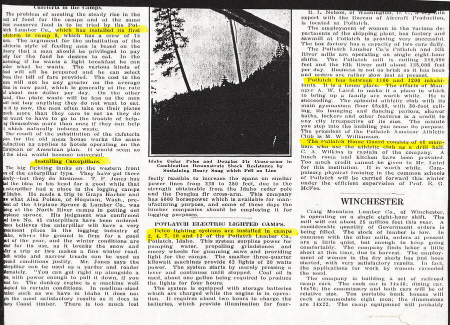 A continuation of an article in The Timberman about modern innovations that the Potlatch lumber camps were making. It discusses the installation of a new cafeteria, new caterpillars, and a new lighting system.