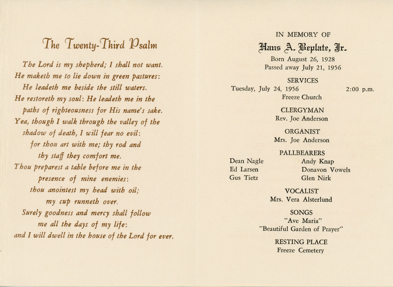 Funeral Program for Hans A. Beplate, Jr.