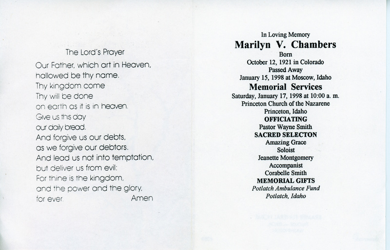 Funeral Program for Marilyn V. Chambers.