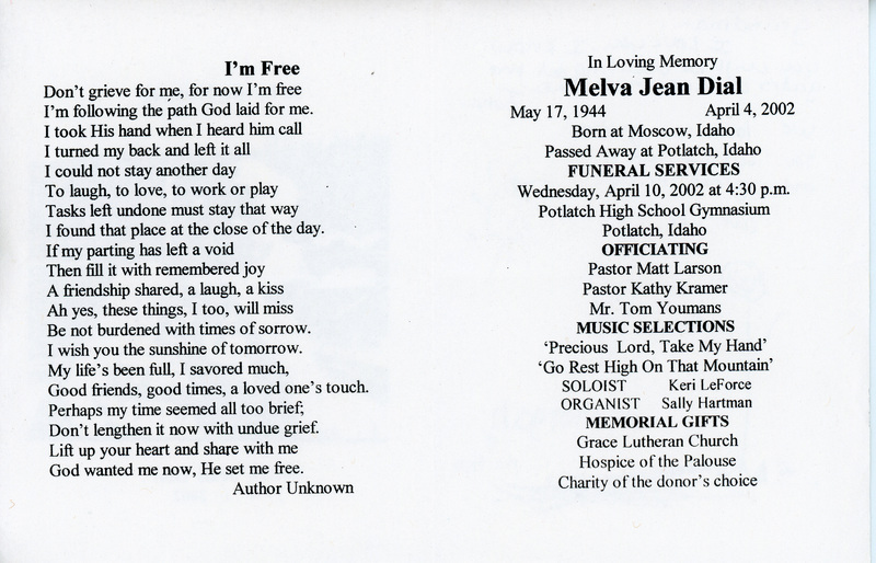 Funeral Program for Melva Jean Dial.