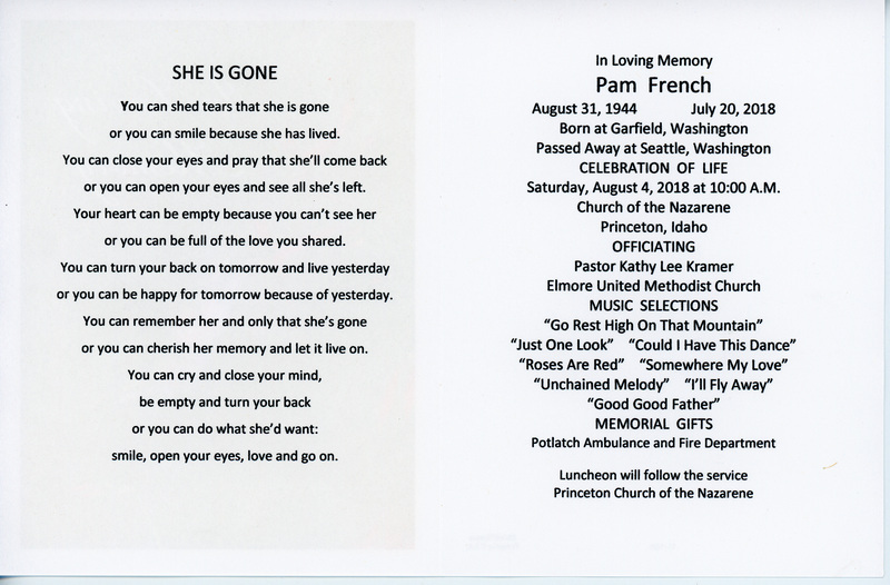Funeral Program for Pam French.
