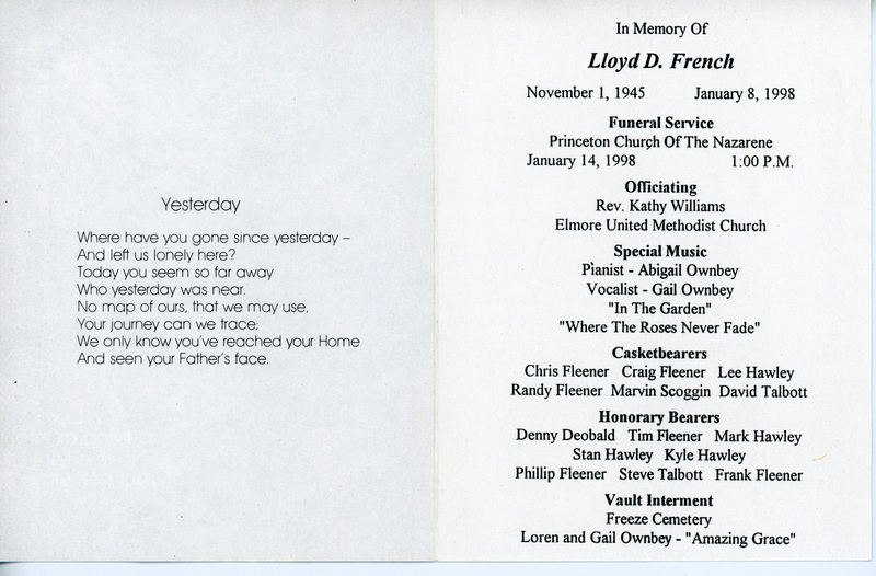 Funeral Program for Lloyd D. French.