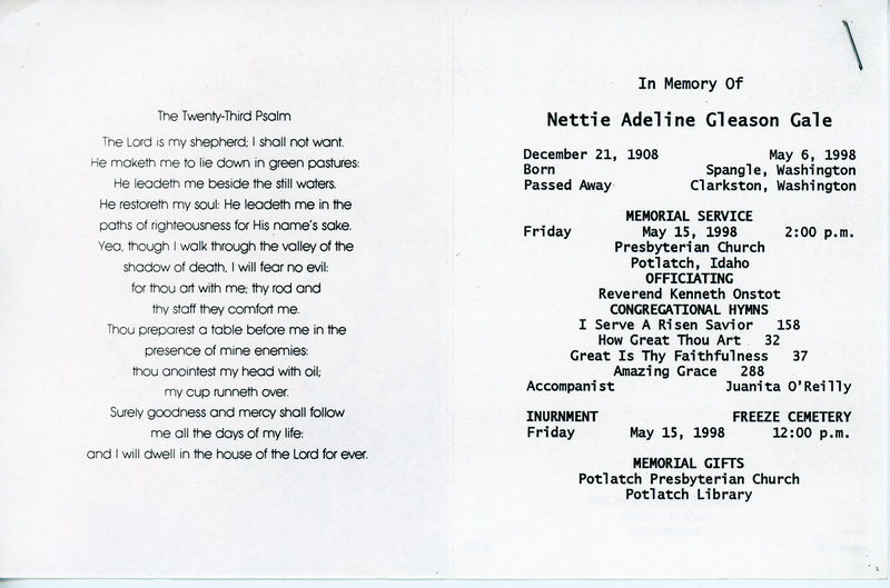 Funeral Program for Nettie Adeline Gleason Gale.