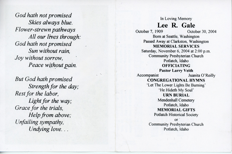 Funeral Program for Lee R. Gale.