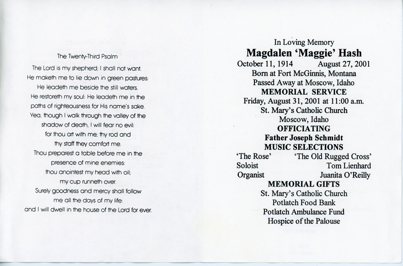 Funeral Program for Magdelen "Maggie" Hash.