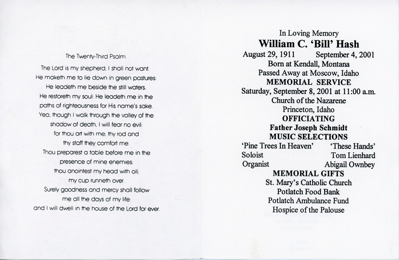 Funeral Program for William C. Hash.