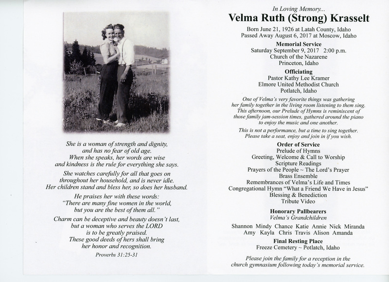 Funeral Program for Velma Ruth (Strong) Krasselt.