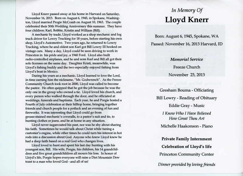 Funeral Program for Lloyd Knerr.