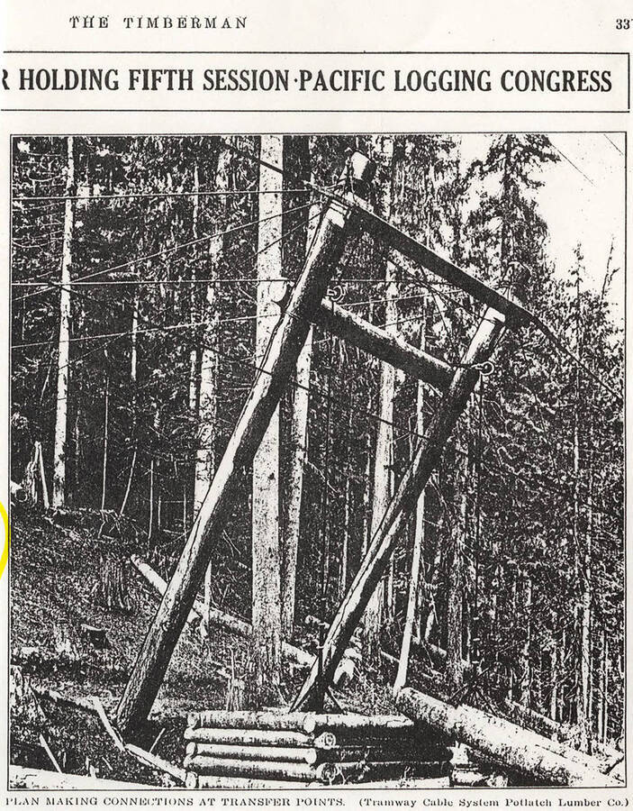 An article in The Timberman showing the PLC tramway cable system. A system of cables can be seen standing above a stack of logs in the forest.