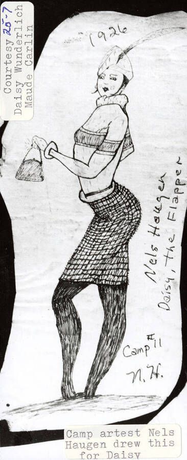 Drawing of a girl dressed as a flapper. On the side of the picture the writing identifies her as 'Daisy, the Flapper'. The drawing was done by Nels Hougen at Camp 11 and was drawn for Daisy.