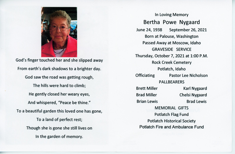 Funeral Program for Bertha Powe Nygaard.