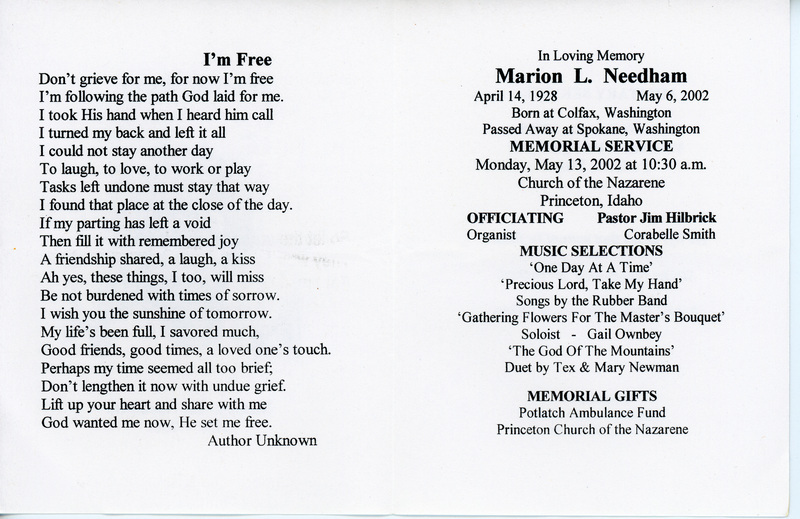 Funeral Program for Marion L. Needham.
