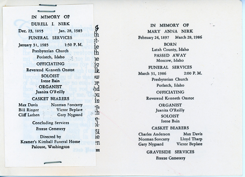Funeral Program for Mary Anna Nirk and Durrell I Nirk.