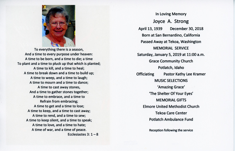 Funeral Program for Joyce A. Strong.