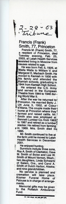 Obituary for Francis "Frank" Smith.