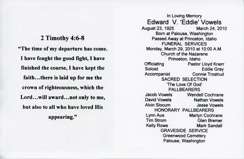 Funeral Program for Edward V. "Eddie" Vowels.