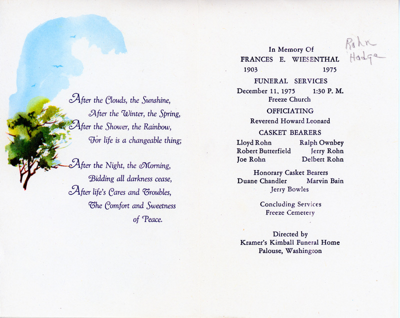 Funeral Program for Frances E. Wiesenthal.