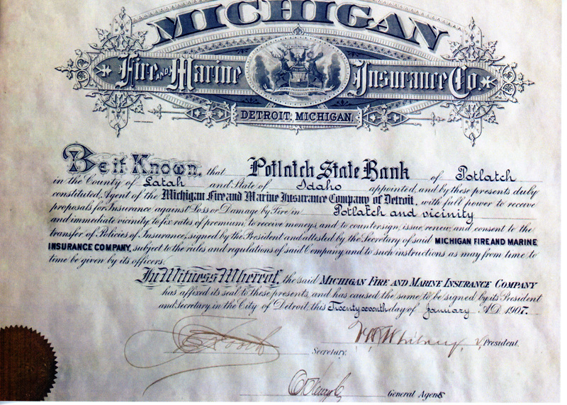 Photograph of the certificate establishing the Potlatch State Bank.