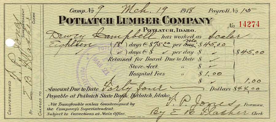 Pay stub for Dewey Campbell. It says that he worked scalar at Camp No. 9 for 18 days at $75 per month. He made $45 and had $1 taken out for hospital fees.