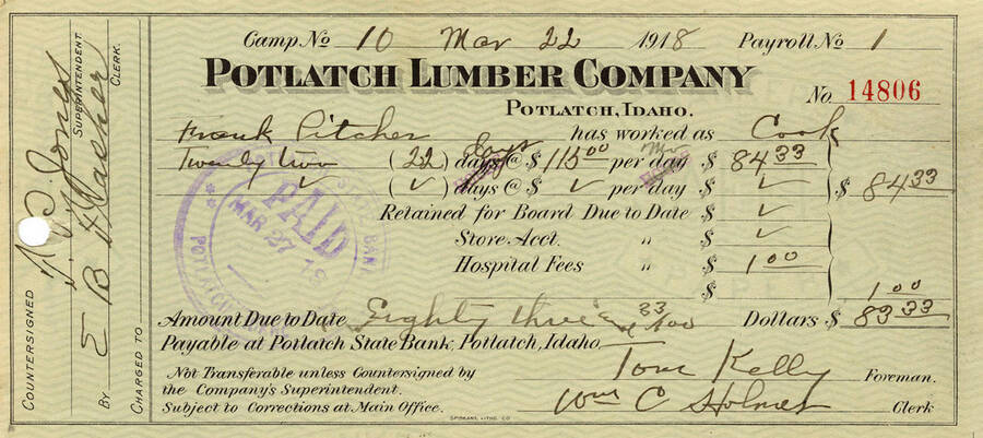 Pay stub for Frank Pitcher. It says that he worked as a cook at Camp No. 10 for 22 days at $113 per month. He made $84.33 and had $1 taken out for hospital fees.