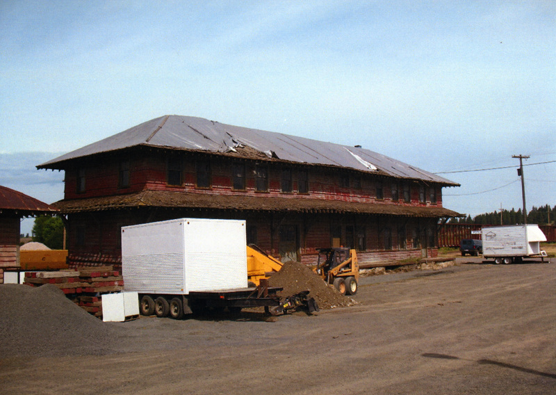 Photograph of the building materials for restoration of the Wi&M Depot in Potlatch.