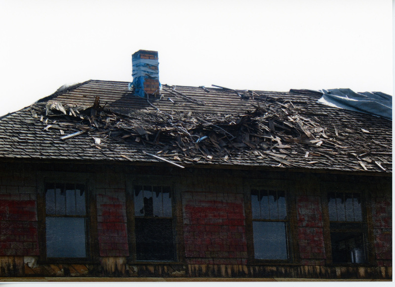 Photograph of condition of the roof before restoration at the WI&M Depot.