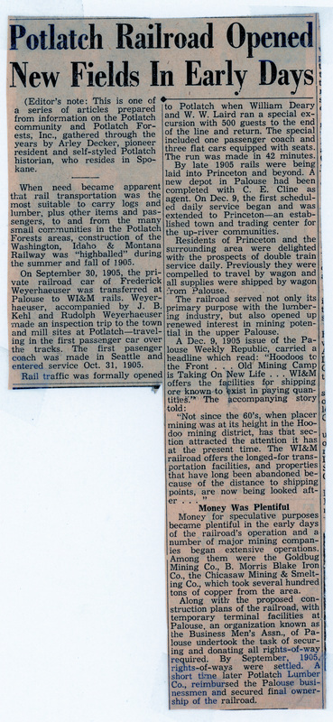 Newspaper clipping: Potlatch Railroad Opened New Fields in Early Days.