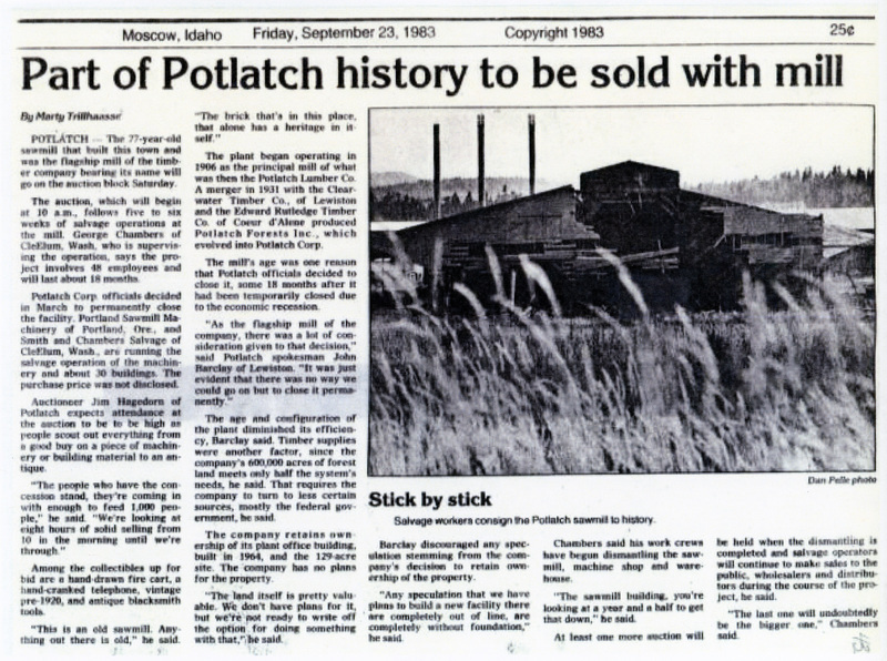 Newspaper clipping: Part of Potlatch history to be sold with mill.