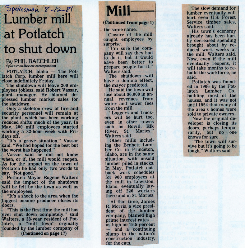 Newspaper clipping: Lumber mill at Potlatch to shut down.