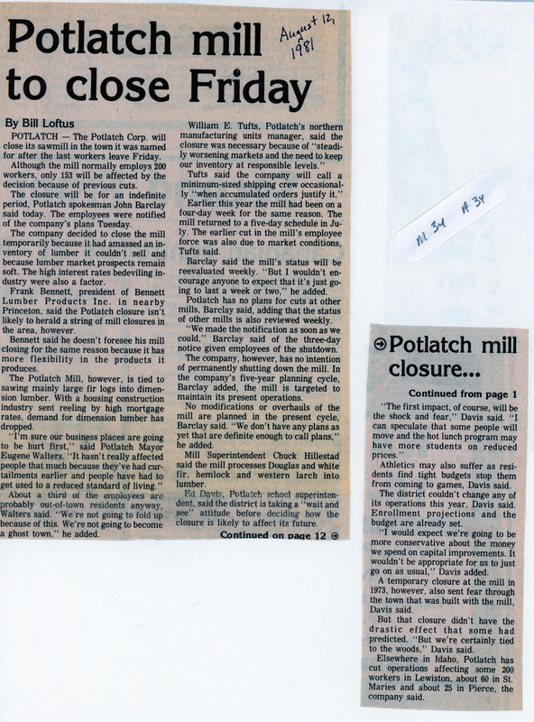 Newspaper clipping: Potlatch Mill to close Friday