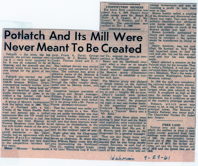 Newspaper clipping: Potlatch and its mill were never meant to be created.