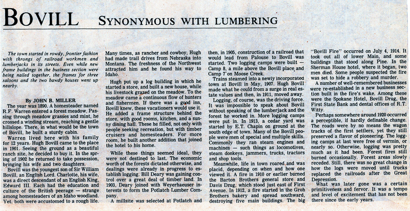 Newspaper clipping: Bovill: Synonymous with Lumbering.