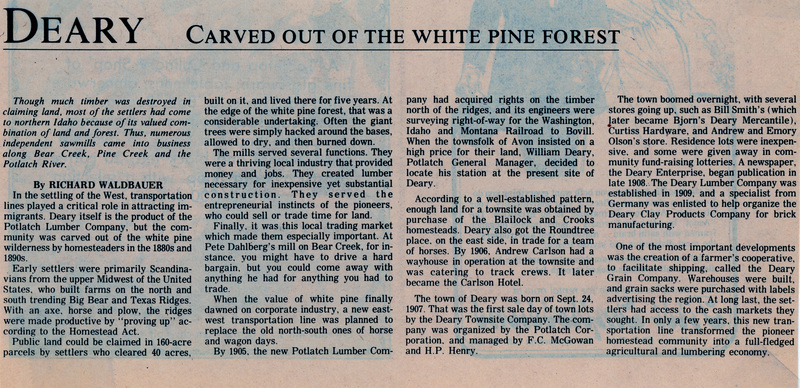 Newspaper clipping: Deary: Carved out of the White Pine Forest.