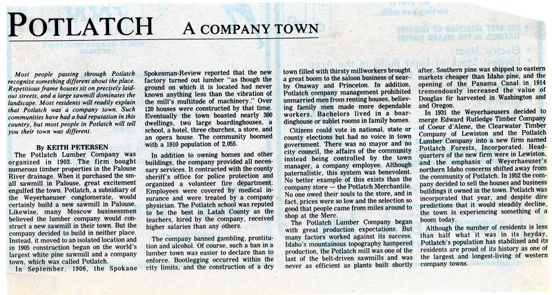 Newspaper clipping: Potlatch: A Company Town.