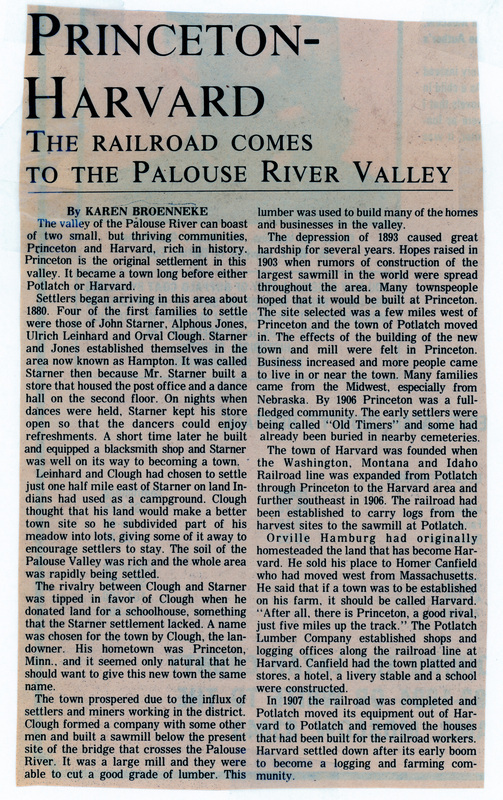 Newspaper clipping: Princeton-Harvard: the railroad comes to the Palouse River Valley.