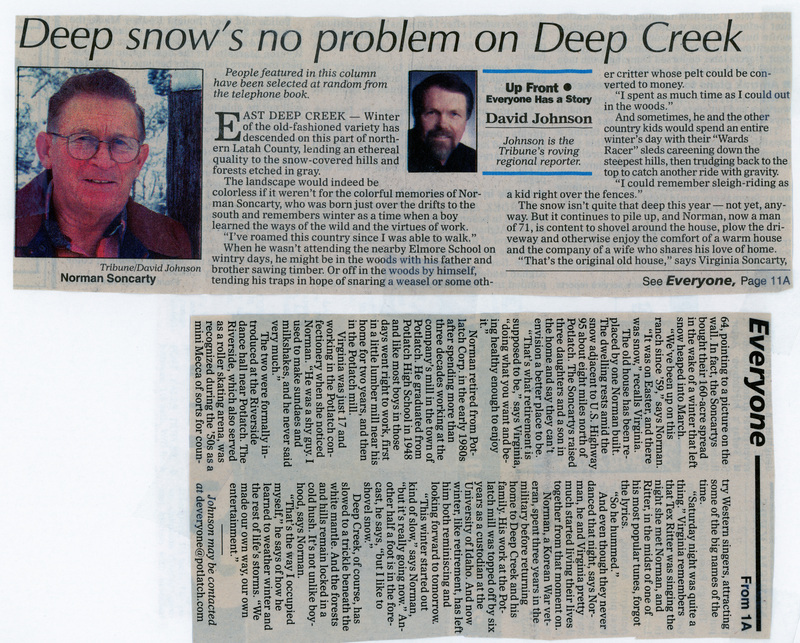 Newspaper clipping: Deep snow's no problem on Deep Creek.