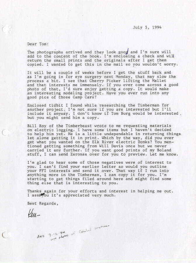 A typed letter informing Tom that the photographs had arrived and expressing interest in them.