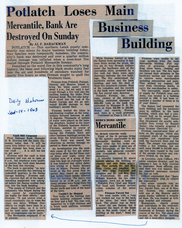 Newspaper clipping: Potlatch loses main business building.