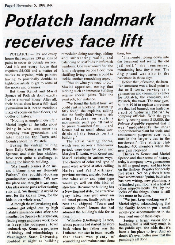 Newspaper clipping: Potlatch landmark receives face lift.